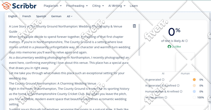 Scribbr AI detector result attached by b_dorinel to their Fiverr review: 0% of text is likely AI, 100% human-written, for a wedding venue guide about The County Ground Northampton